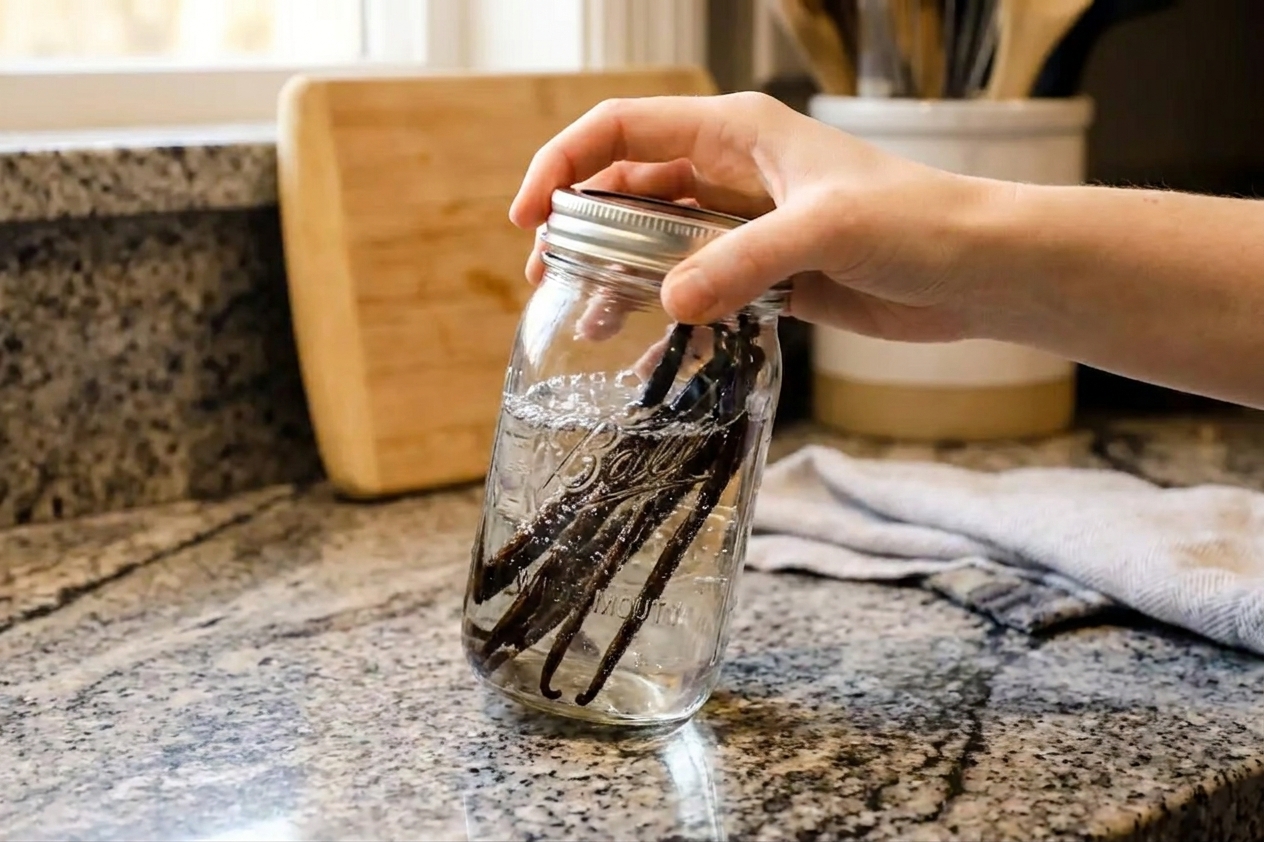 A sealed glass jar being gently shaken with vanilla beans submerged in clear alcohol on a kitchen counter