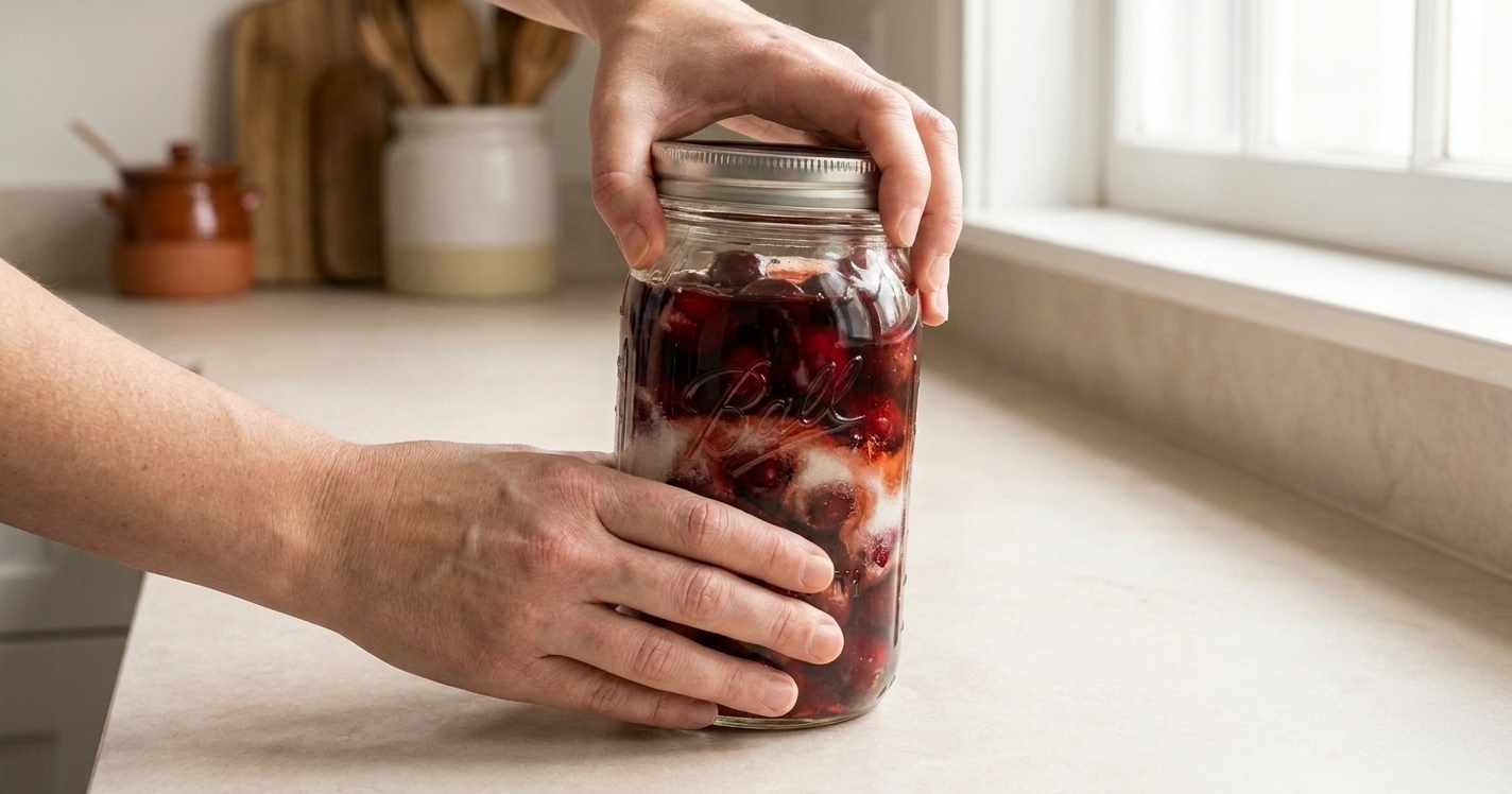 A sealed glass jar filled with cherries and bourbon being gently shaken on a warm-toned kitchen counter