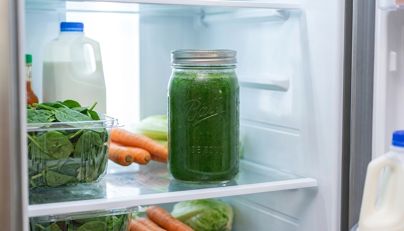 A sealed glass jar filled with green juice sitting on a refrigerator shelf with soft natural light