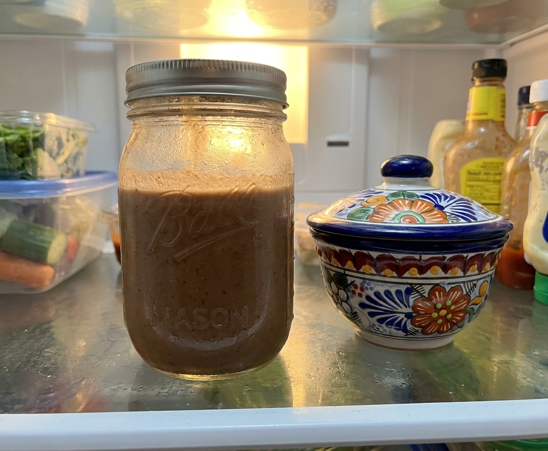 A sealed glass jar filled with leftover atole sitting on a refrigerator shelf with soft interior lighting