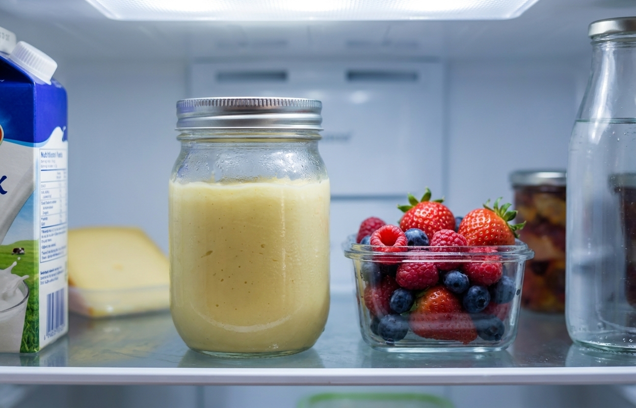 A sealed glass jar filled with pale vanilla custard sauce sitting on a refrigerator shelf next to fresh berries