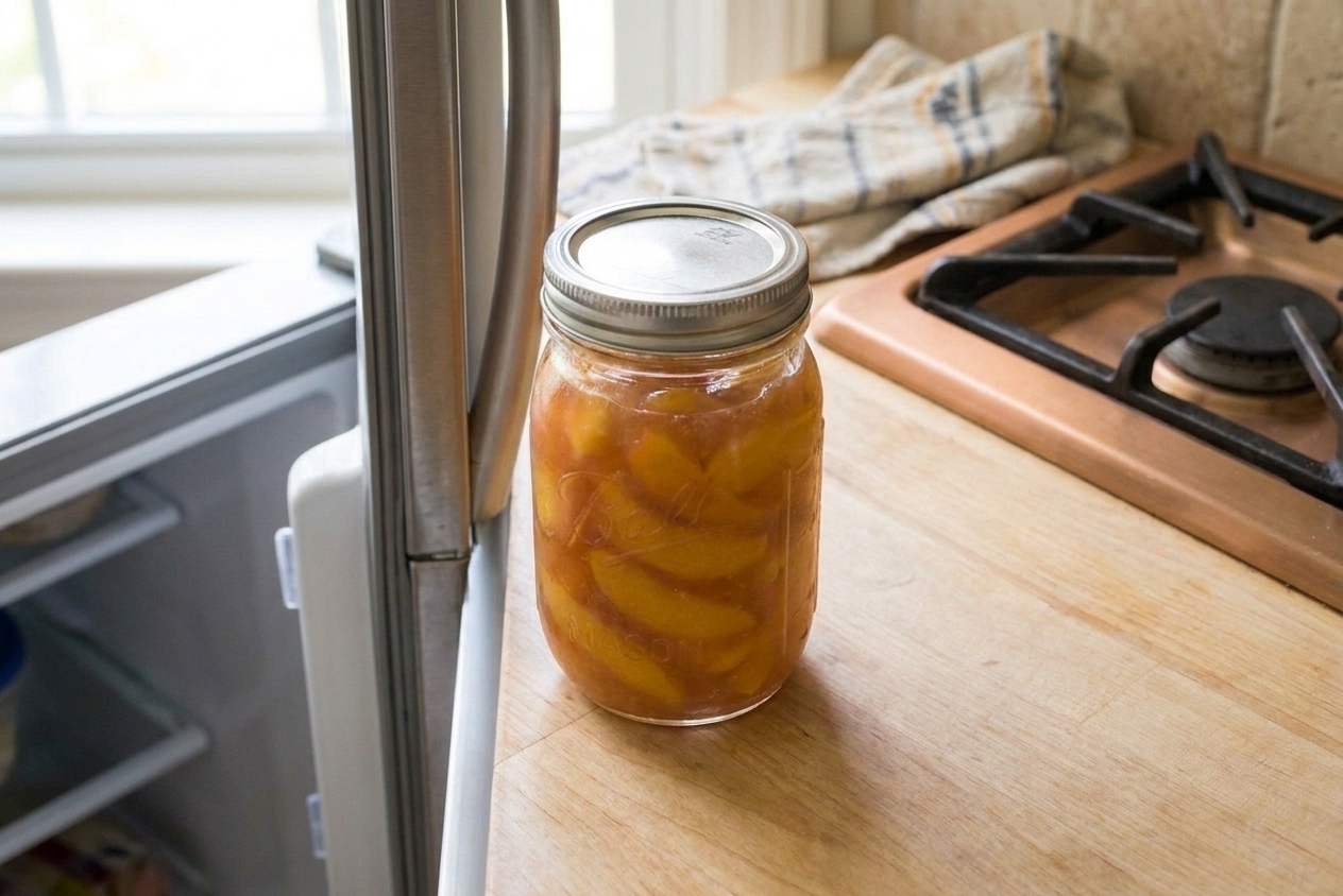 A sealed glass jar filled with peach pie filling cooling on a kitchen counter next to an open refrigerator door