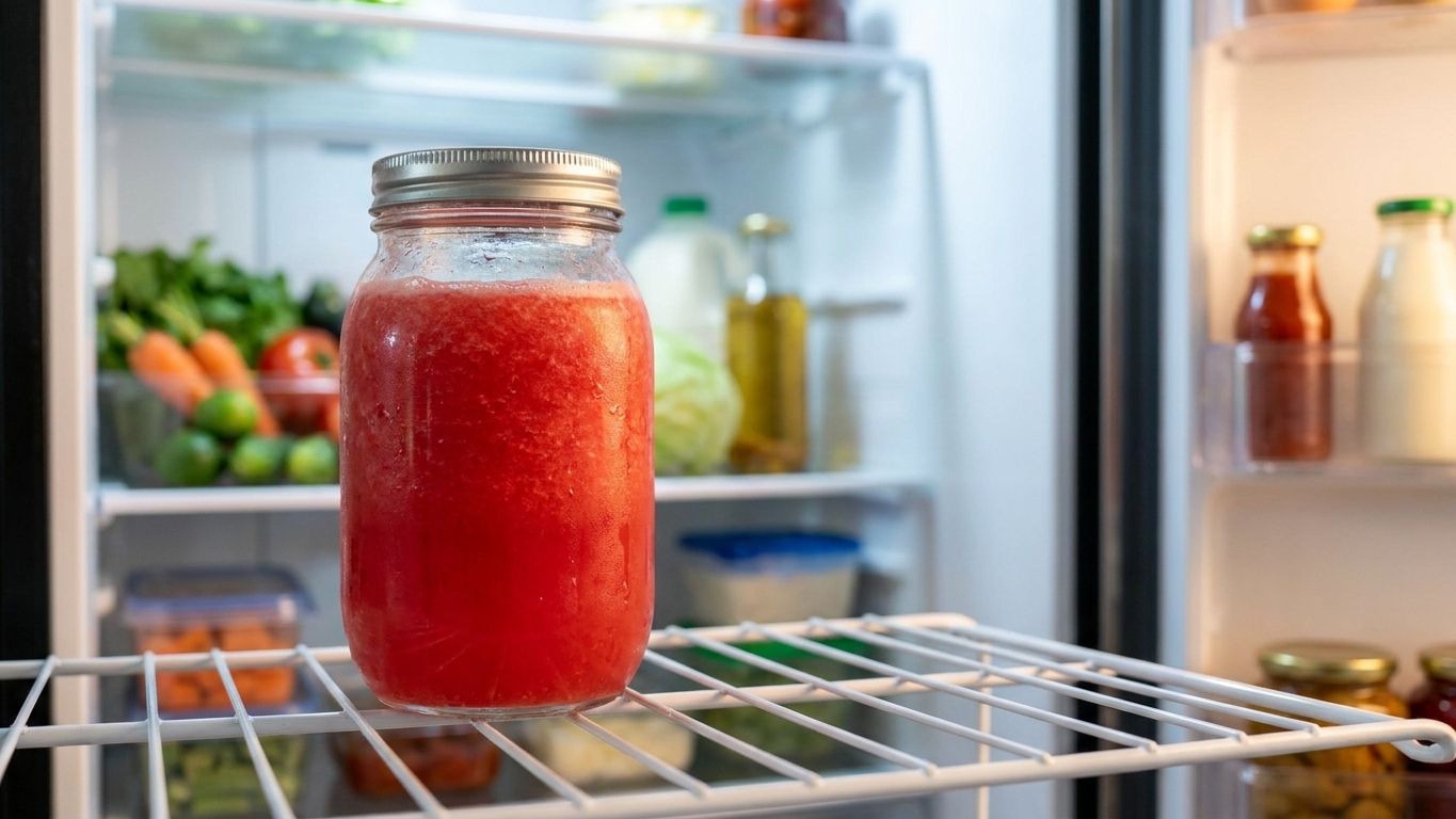 A sealed glass jar filled with watermelon juice resting on a refrigerator shelf