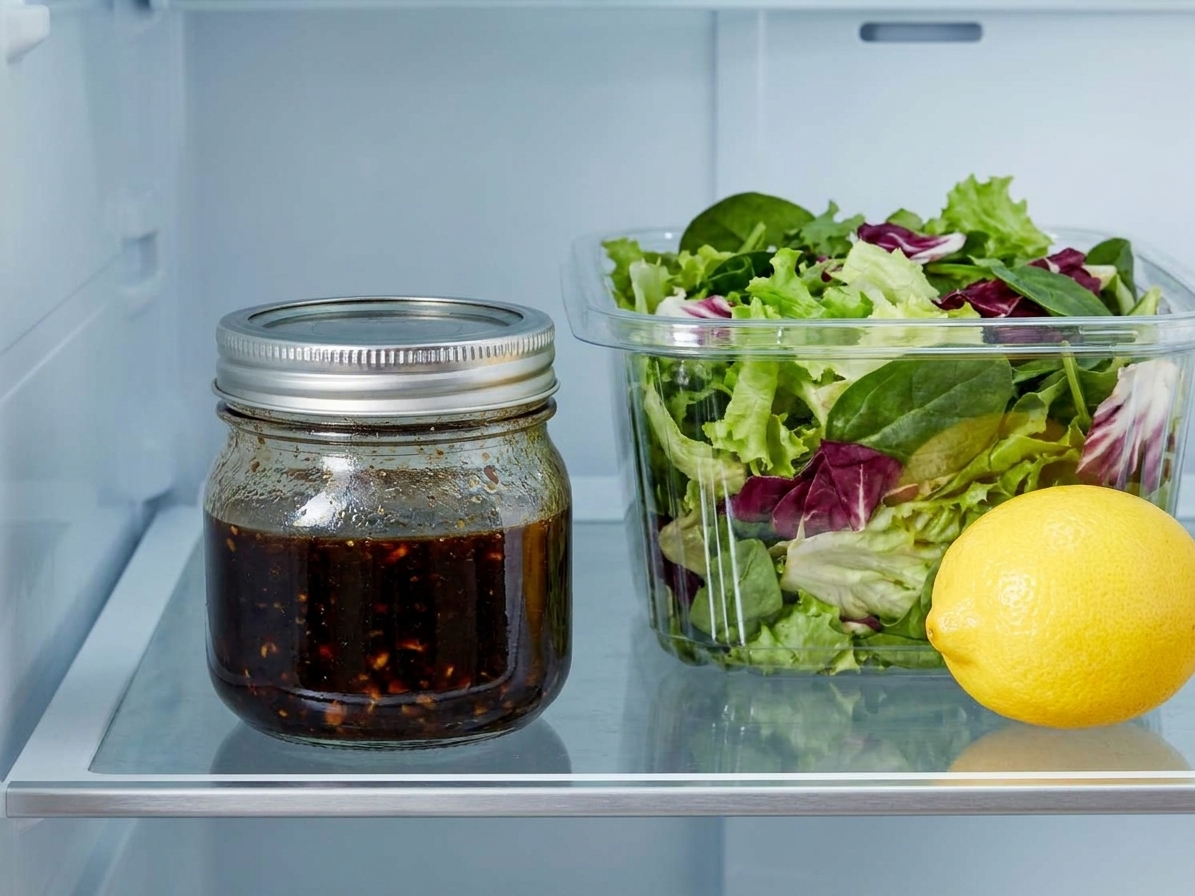 A sealed glass jar of balsamic vinaigrette sitting on a refrigerator shelf beside fresh greens and a lemon