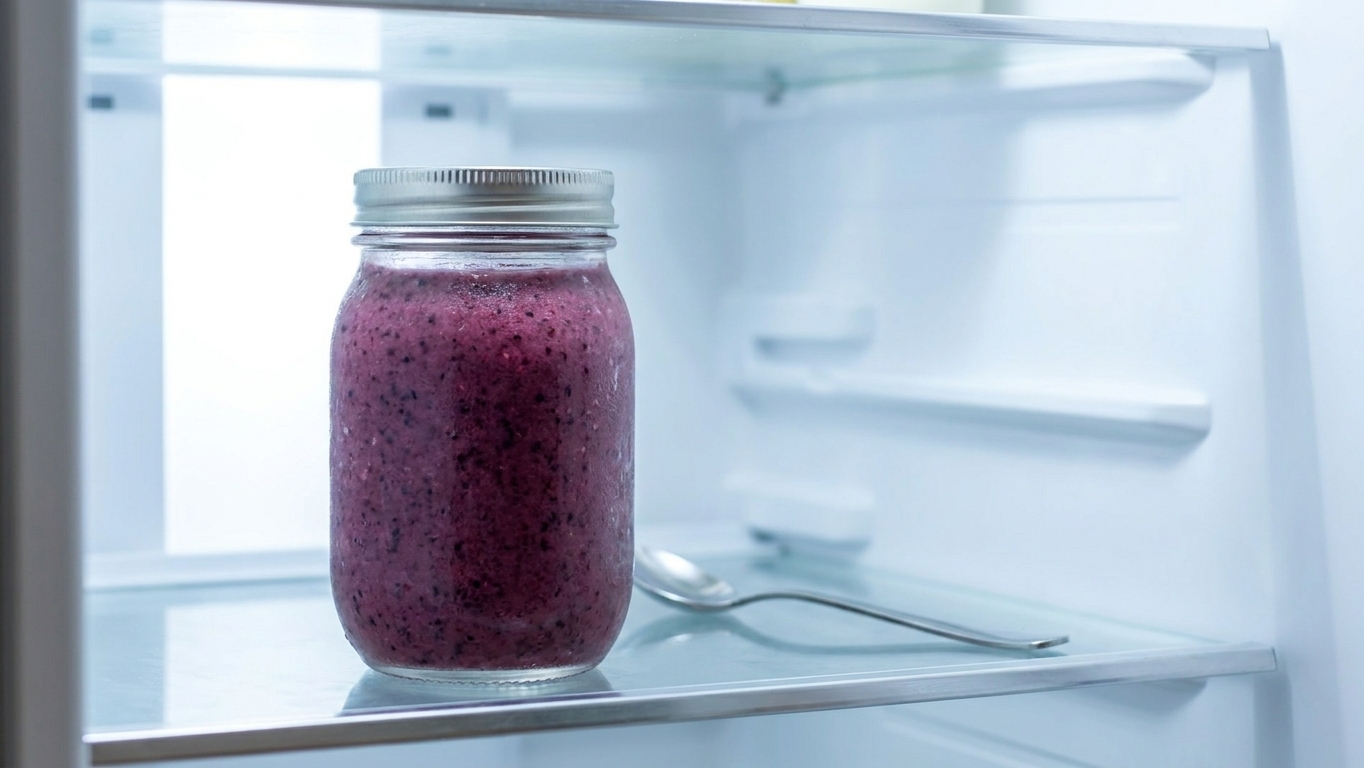 A sealed glass jar of berry smoothie on a refrigerator shelf with light condensation and a spoon resting nearby