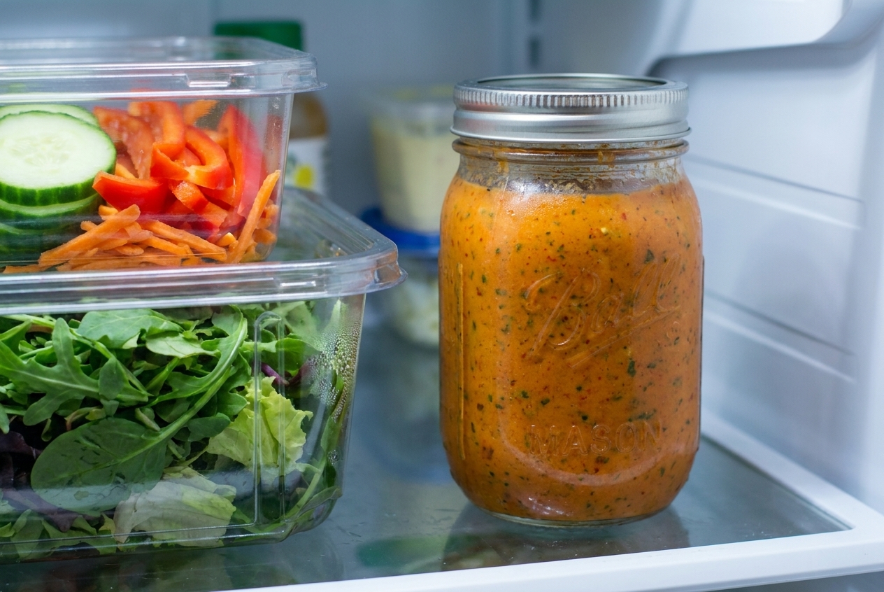 A sealed glass jar of chipotle vinaigrette stored on a refrigerator shelf next to prepped salad greens and sliced vegetables