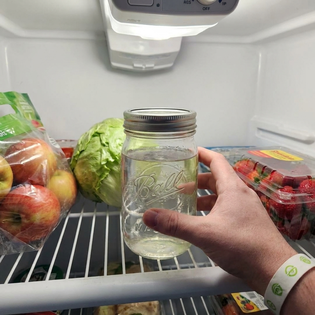 A sealed glass jar of clear homemade hummingbird nectar sitting on a refrigerator shelf next to fresh produce, real photography style
