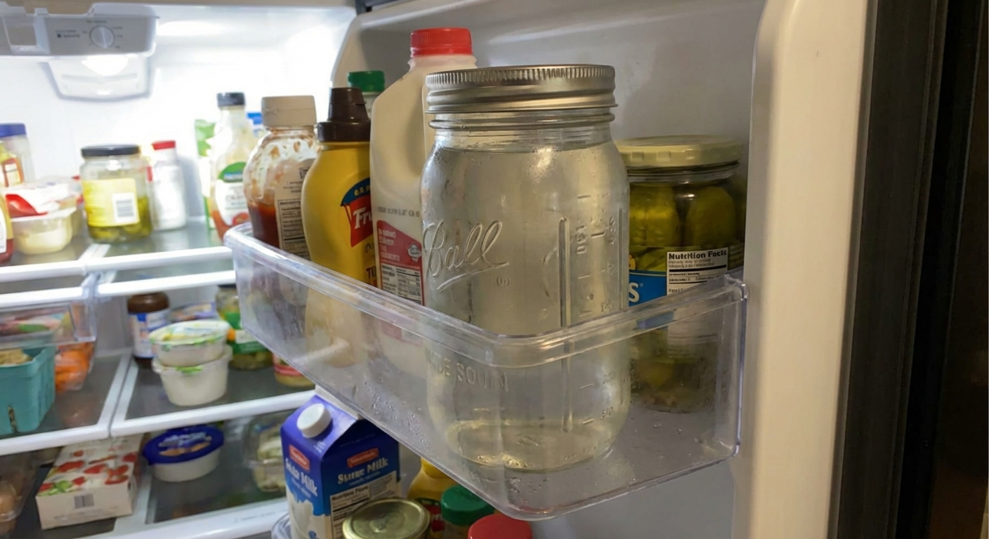 A sealed glass jar of clear hummingbird nectar in a refrigerator door shelf