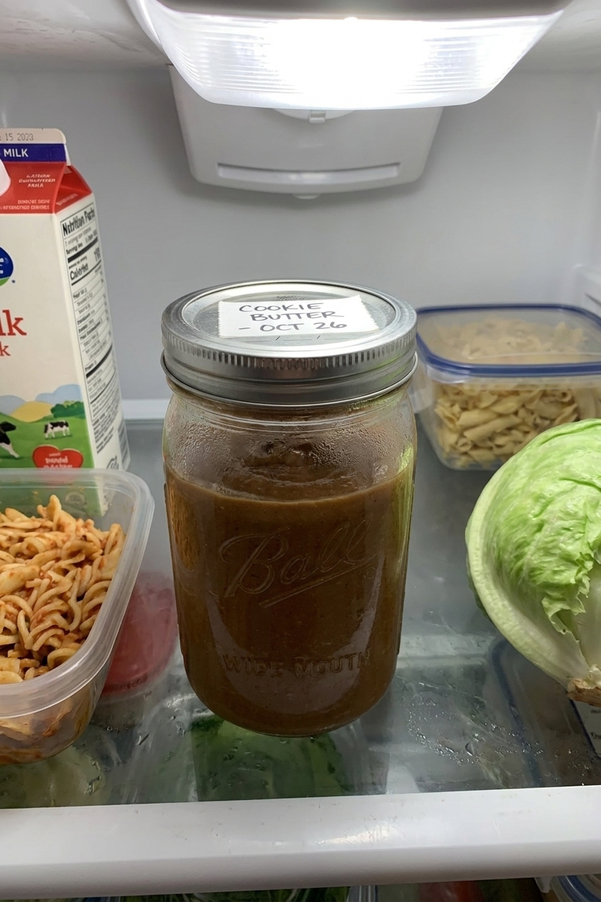 A sealed glass jar of cookie butter sitting on a refrigerator shelf, labeled lid, realistic food storage photo