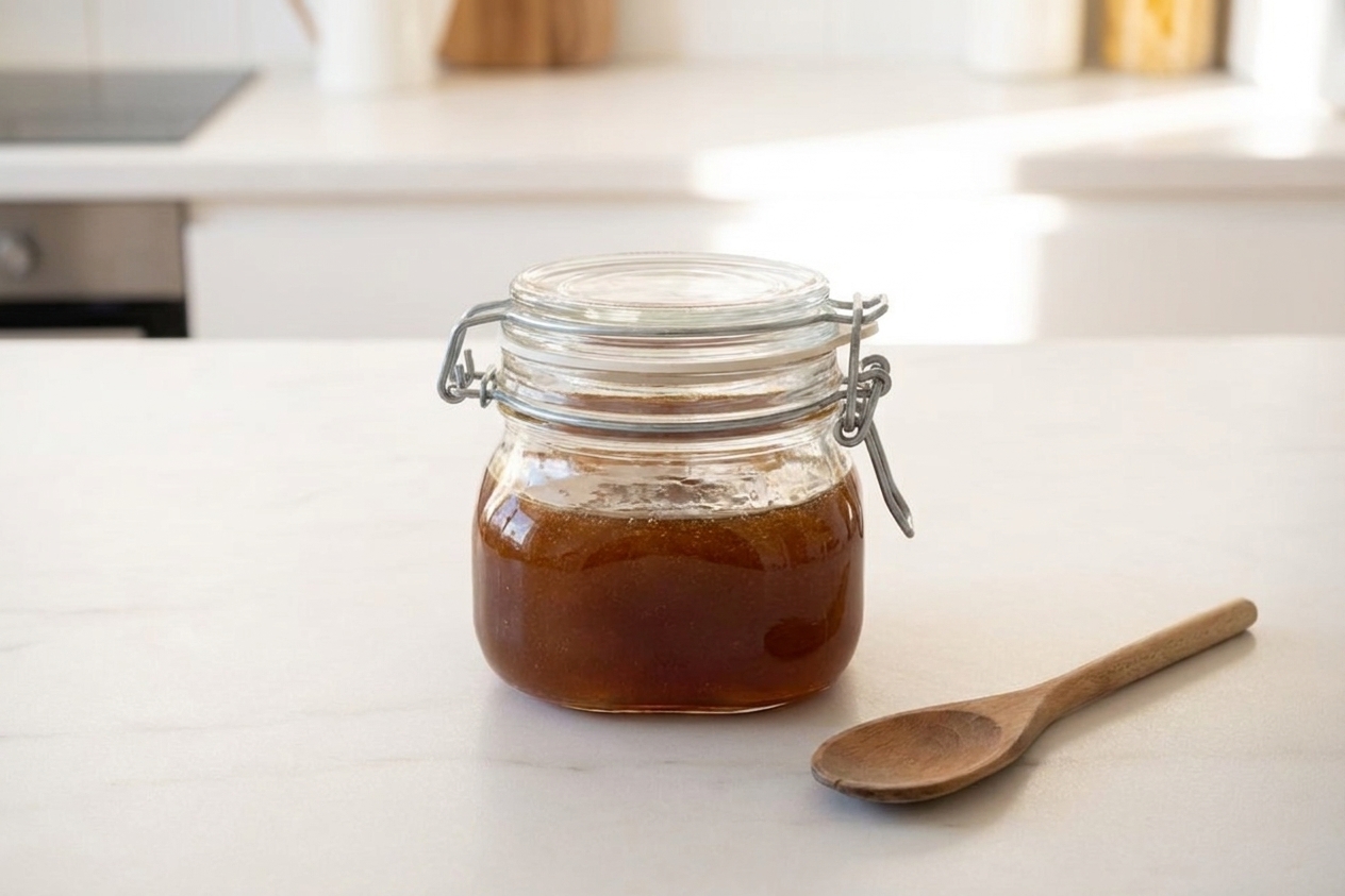 A sealed glass jar of finished sugar wax on a tidy kitchen counter with a small wooden spoon beside it