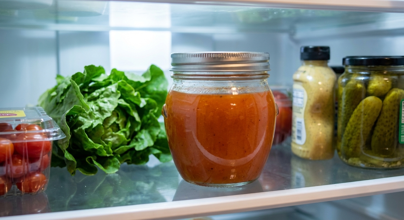 A sealed glass jar of homemade French dressing sitting on a refrigerator shelf among fresh produce and condiments, soft indoor light, photorealistic kitchen photography