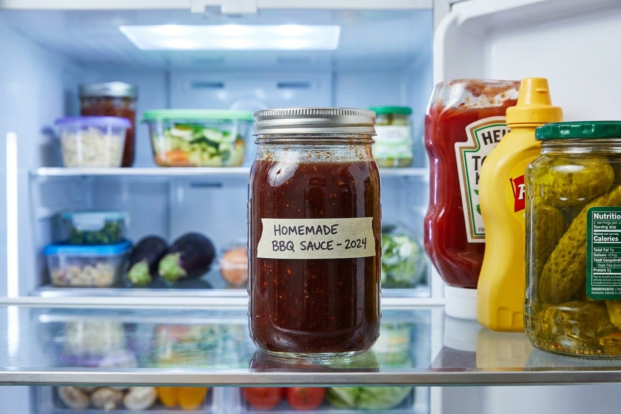 A sealed glass jar of homemade barbecue sauce on a refrigerator shelf next to other condiments, realistic kitchen lighting