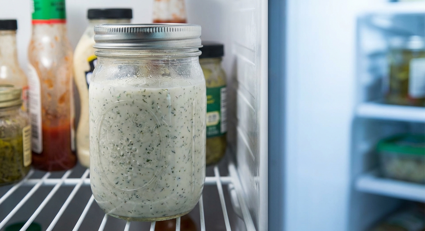 A sealed glass jar of homemade ranch dressing in a refrigerator door shelf