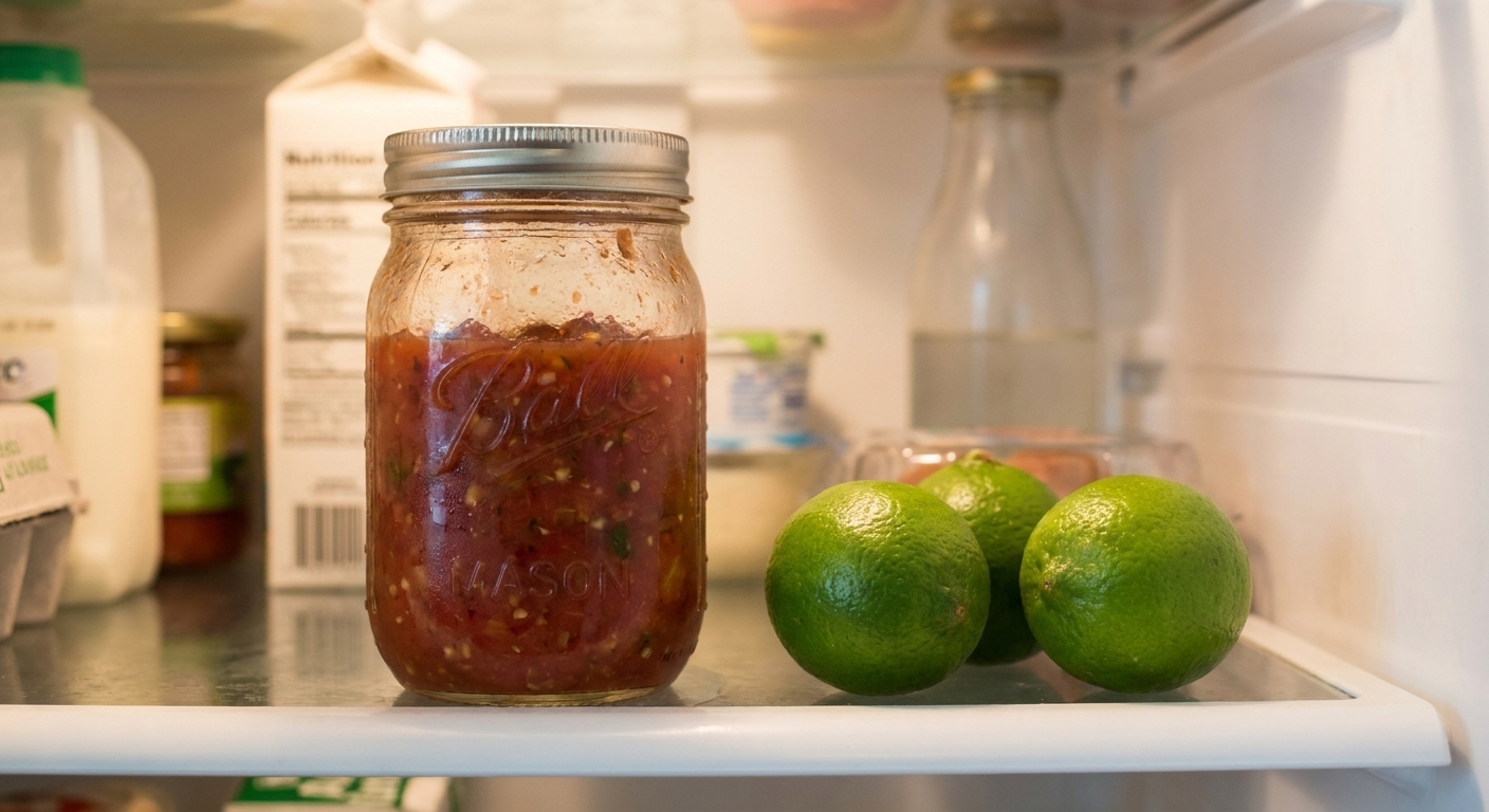 A sealed glass jar of homemade salsa resting on a refrigerator shelf beside fresh limes