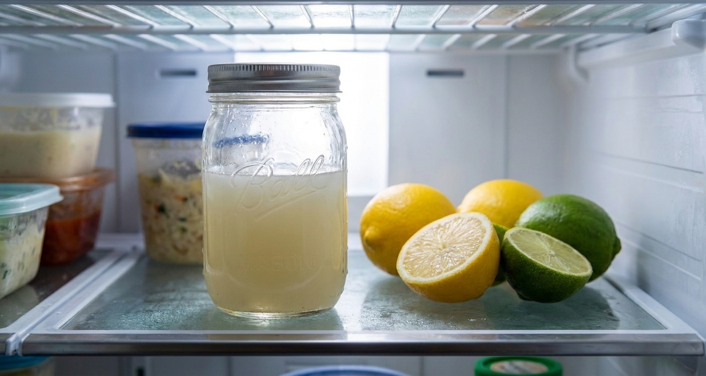 A sealed glass jar of homemade sour mix on a refrigerator shelf with lemons and limes nearby