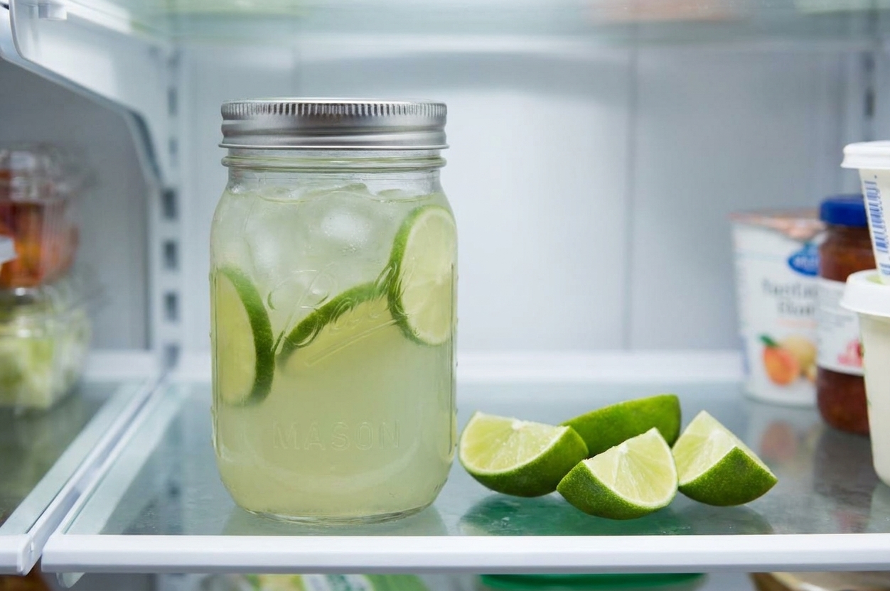 A sealed glass jar of limeade sitting on a refrigerator shelf with lime wedges nearby