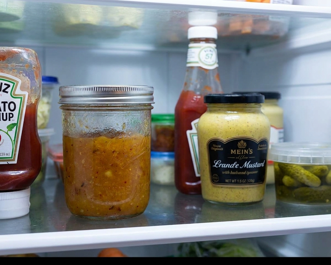 A sealed glass jar of mango chutney on a refrigerator shelf next to other condiments