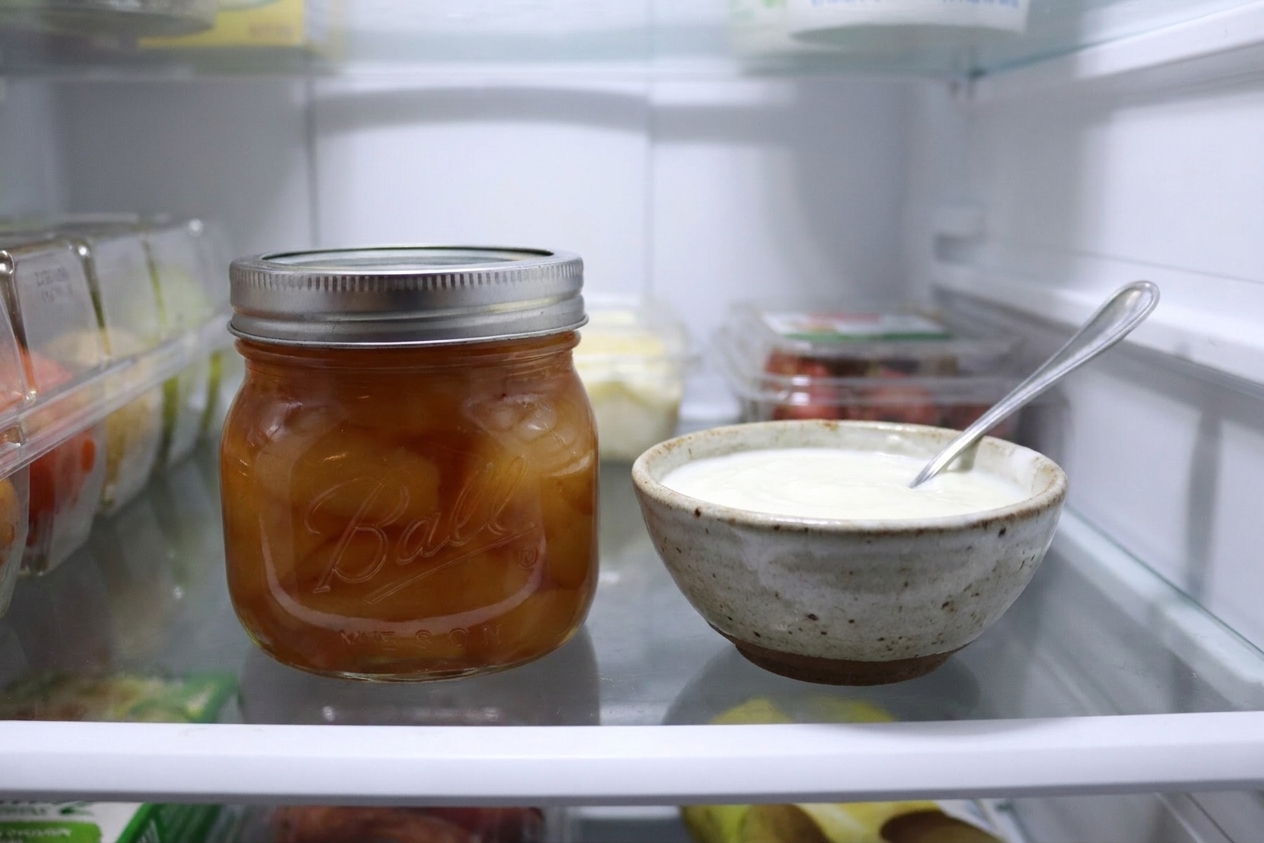 A sealed glass jar of pear preserves sitting on a refrigerator shelf next to a small bowl of yogurt and a spoon