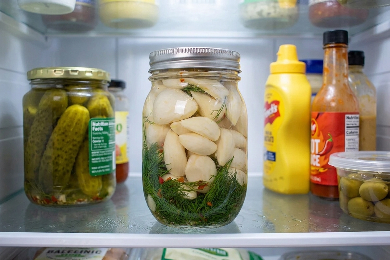 A sealed glass jar of pickled garlic resting on a refrigerator shelf with other condiments
