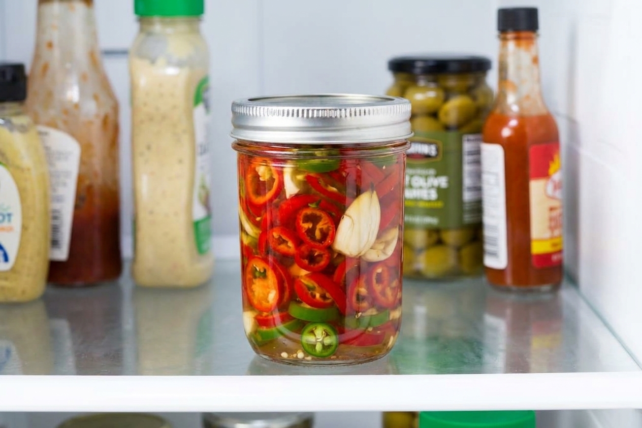 A sealed glass jar of pickled pepper rings resting on a refrigerator shelf with other condiments in the background