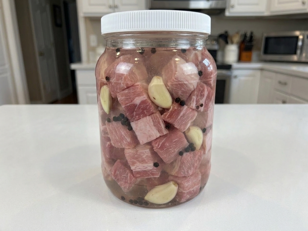 A sealed glass jar of pork cubes fully submerged in vinegar brine with garlic and peppercorns