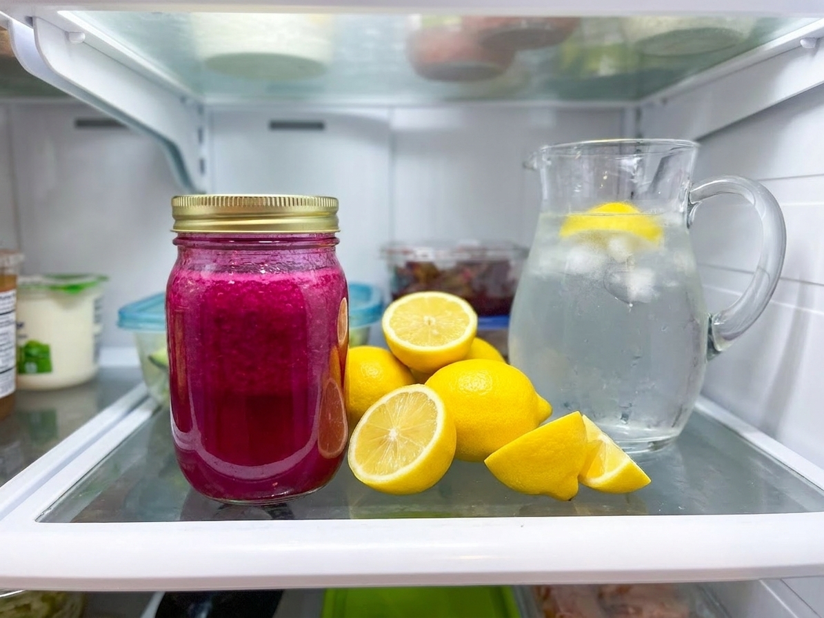 A sealed glass jar of prickly pear syrup sitting on a refrigerator shelf next to lemons and a pitcher