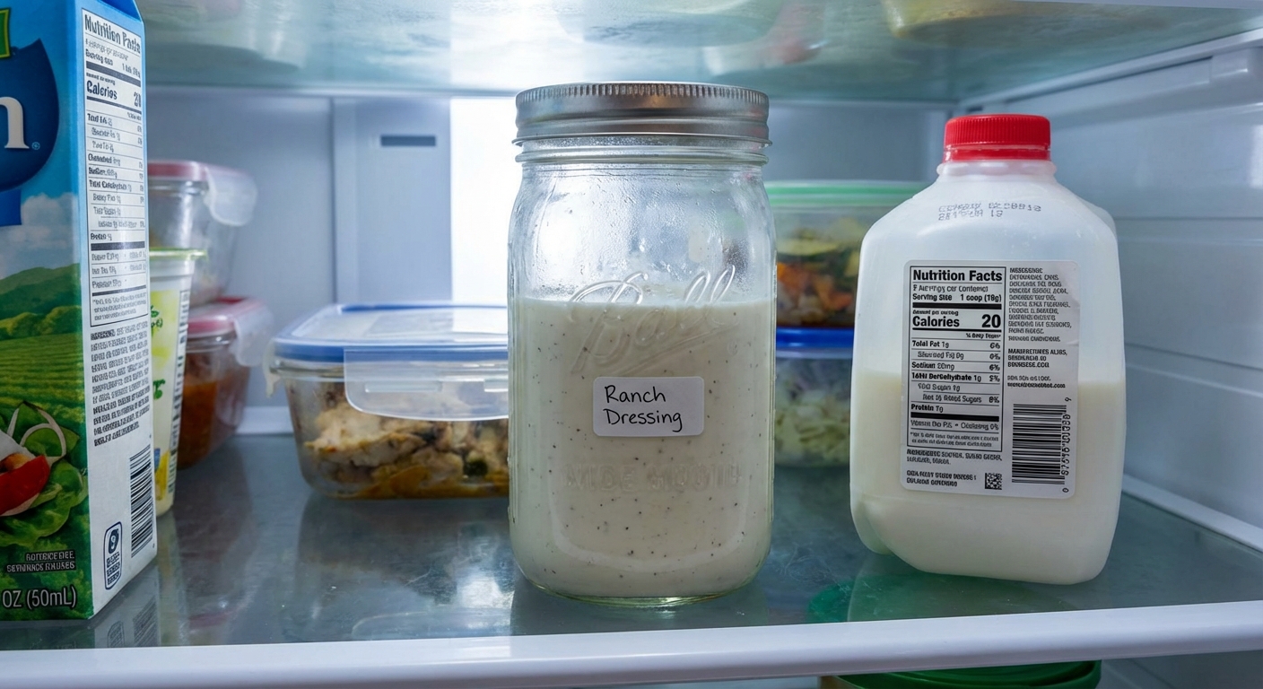 A sealed glass jar of ranch dressing sitting on a refrigerator shelf