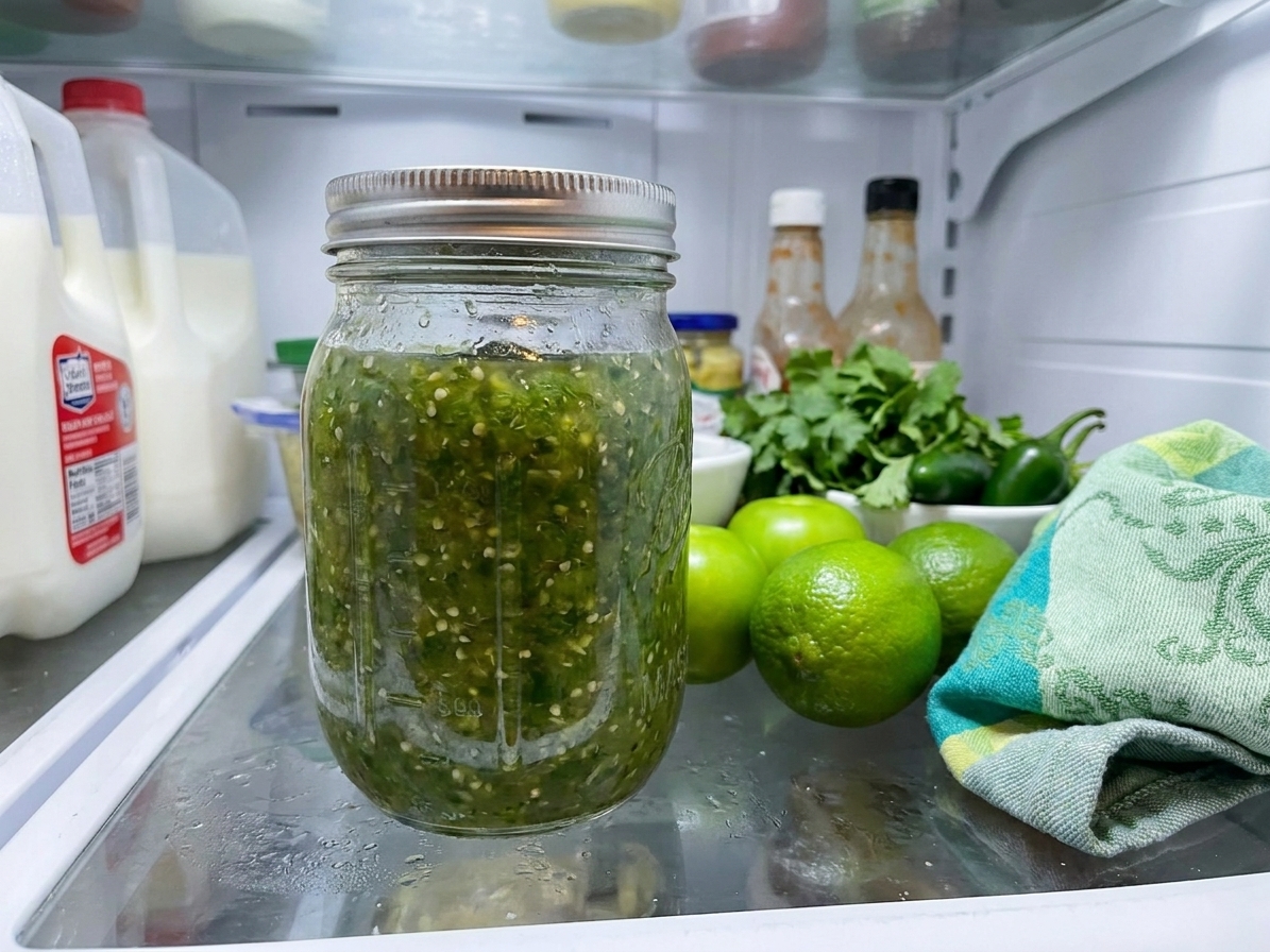 A sealed glass jar of salsa verde sitting on a refrigerator shelf next to limes and herbs