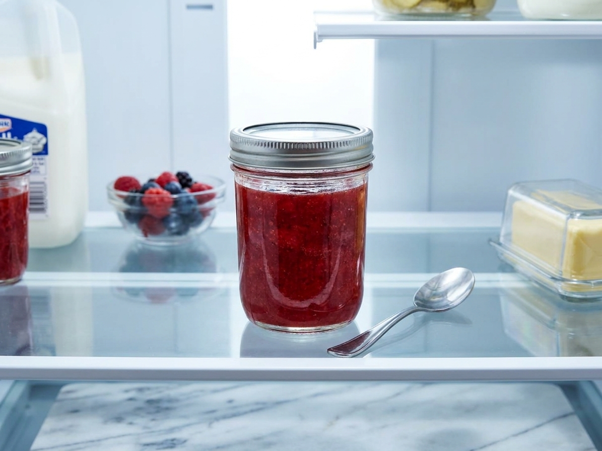 A sealed glass jar of strawberry sauce on a refrigerator shelf with a spoon resting nearby