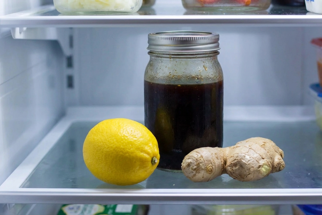 A sealed glass jar of teriyaki marinade on a refrigerator shelf next to fresh ginger and a lemon
