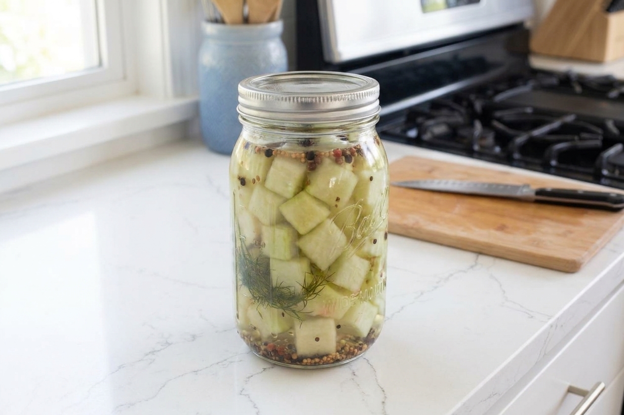 A sealed glass jar of watermelon rind pickles