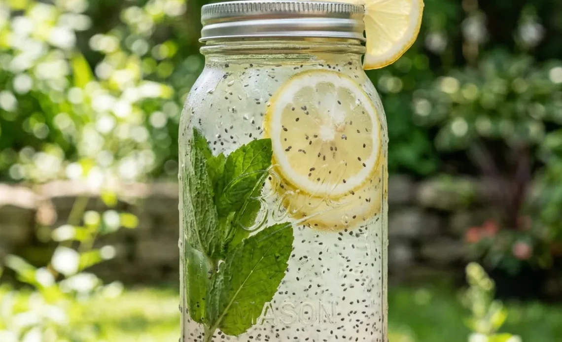 A sealed glass mason jar filled with a pale citrus chia drink resting on a refrigerator shelf under warm interior light