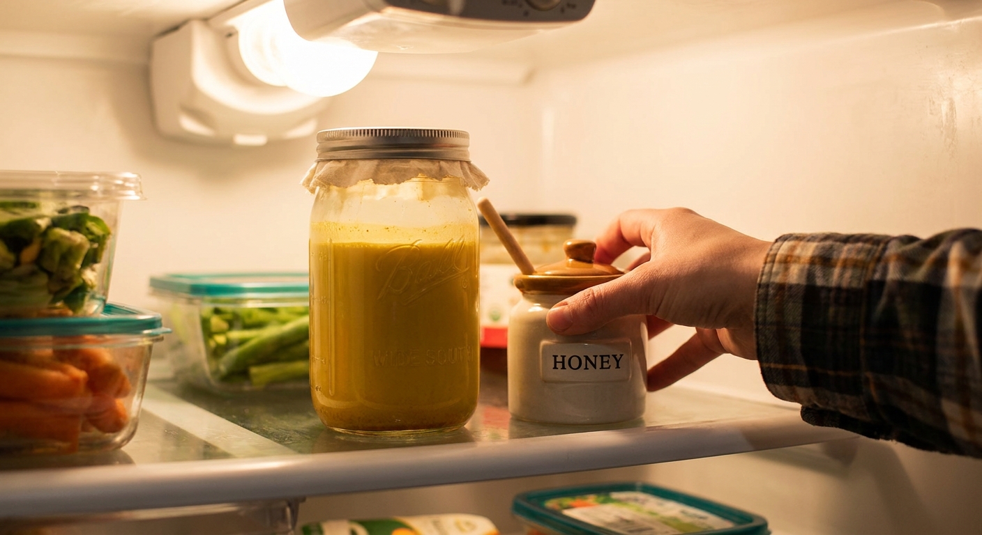 A sealed glass mason jar of turmeric milk sitting on a refrigerator shelf next to a small container of honey, kitchen light