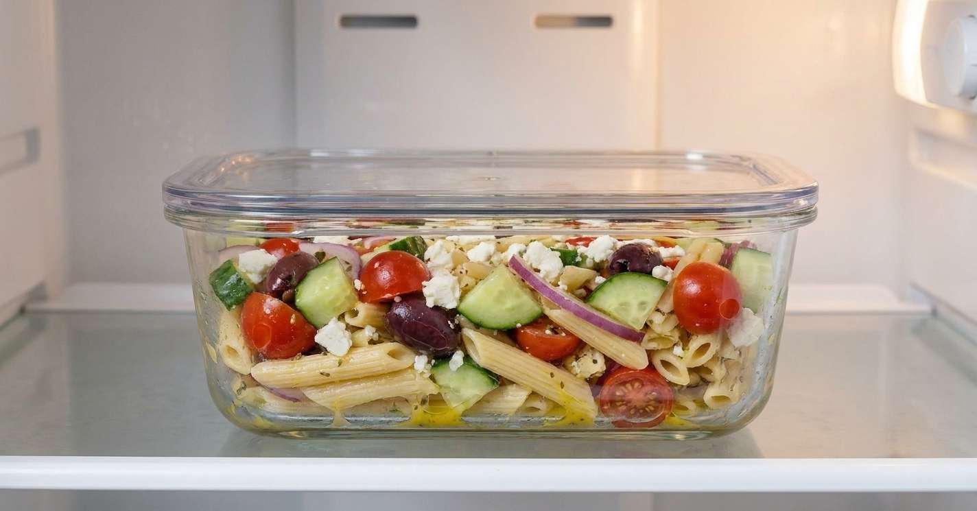 A sealed glass meal prep container filled with Greek pasta salad sitting on a refrigerator shelf with soft interior lighting