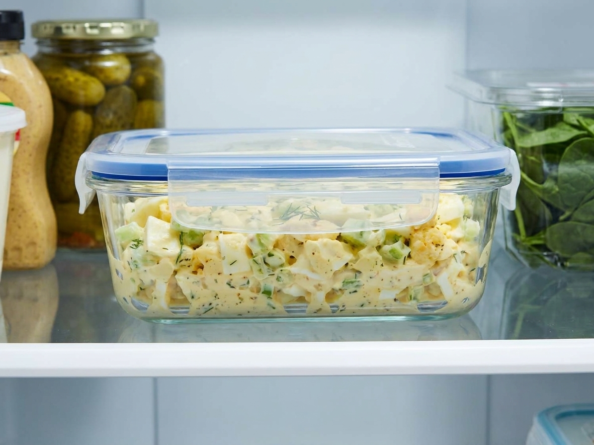 A sealed glass meal prep container filled with egg salad sitting on a refrigerator shelf