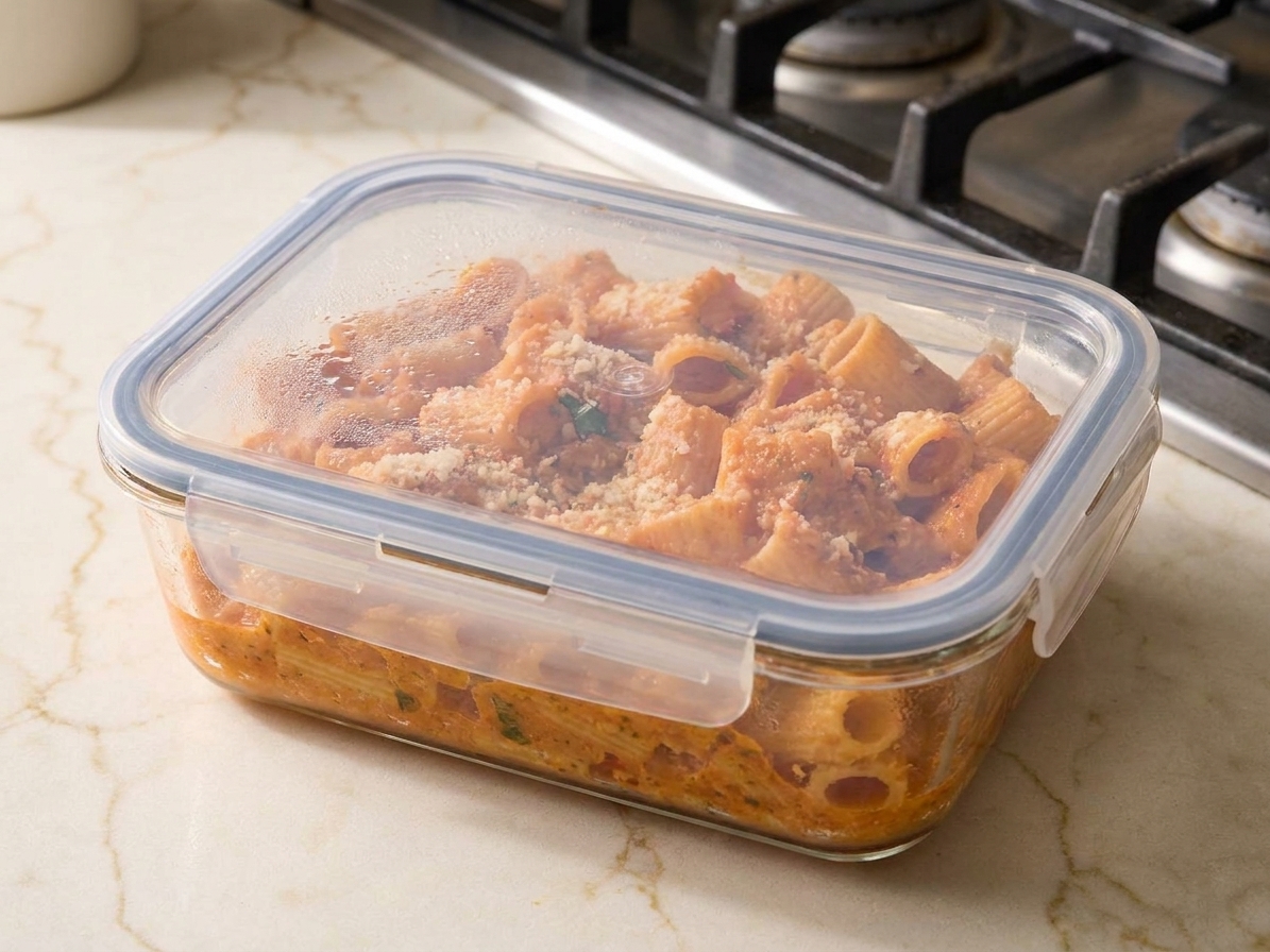 A sealed glass meal prep container filled with leftover creamy tomato pasta on a clean kitchen counter