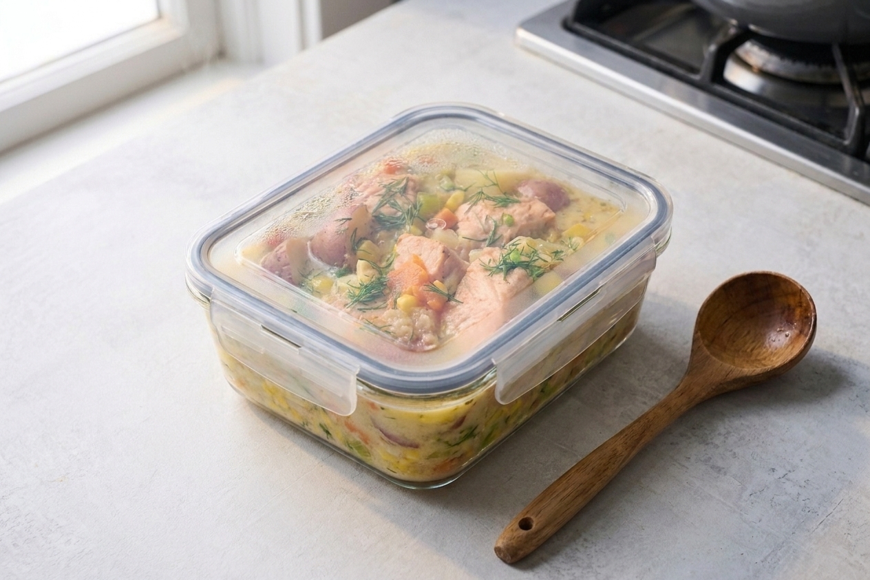 A sealed glass meal prep container filled with salmon chowder cooling on a kitchen counter next to a small ladle