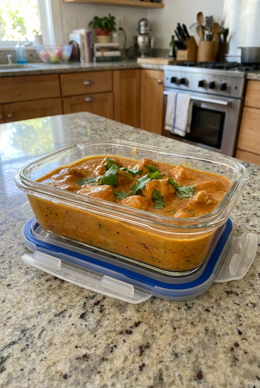 A sealed glass meal prep container filled with tikka masala on a kitchen counter