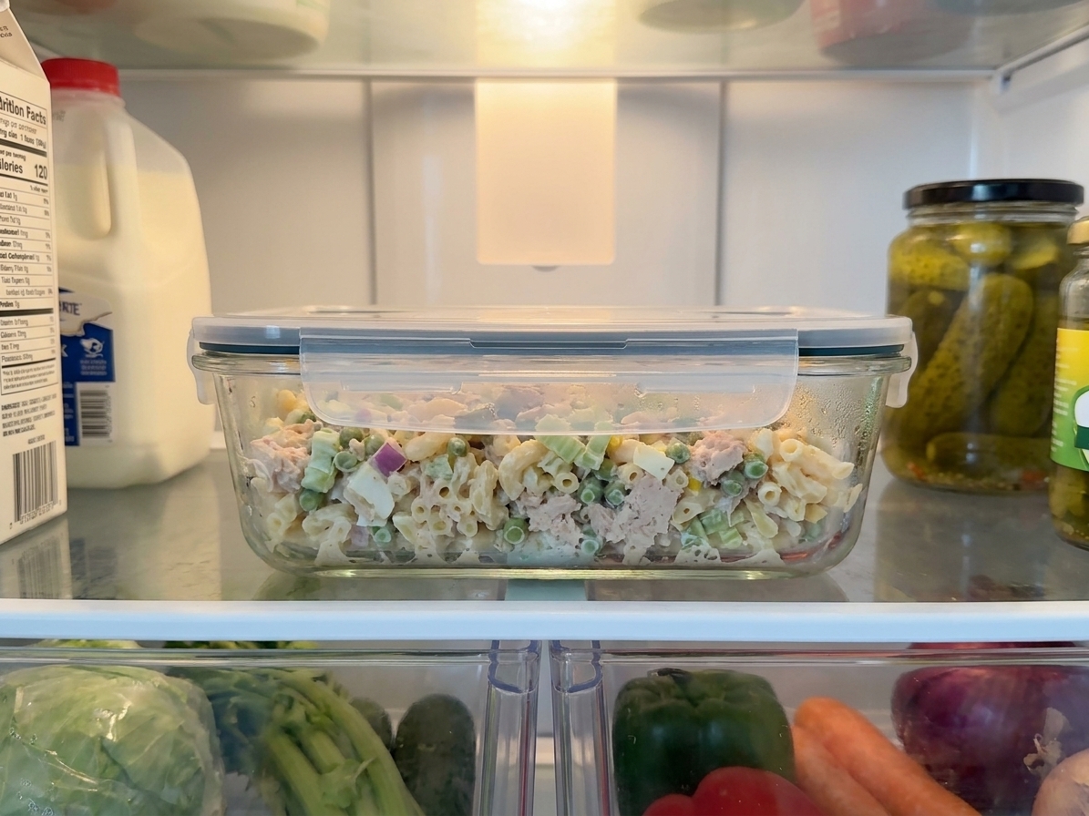 A sealed glass meal prep container filled with tuna macaroni salad sitting on a refrigerator shelf under soft kitchen light