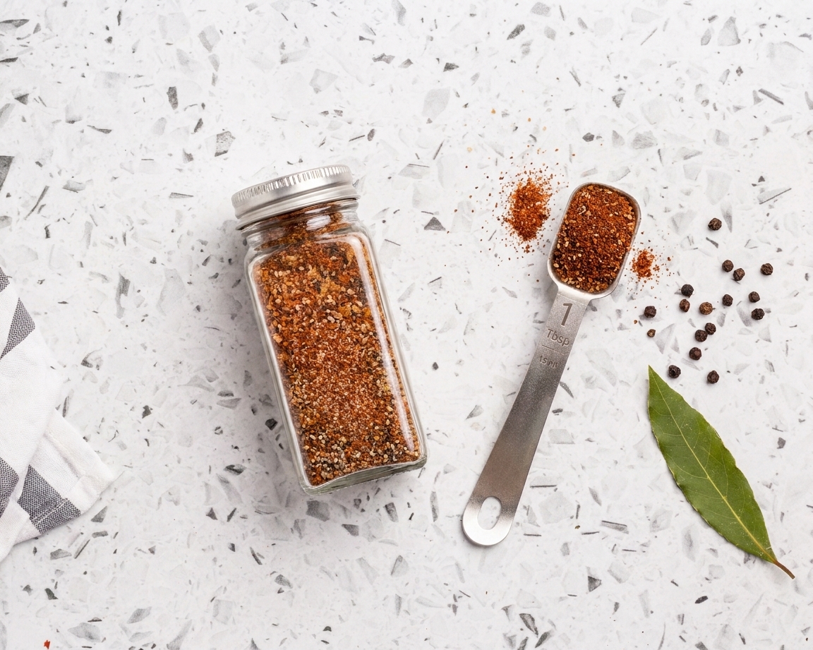 A sealed glass spice jar filled with homemade brisket rub sitting on a kitchen counter next to a small measuring spoon