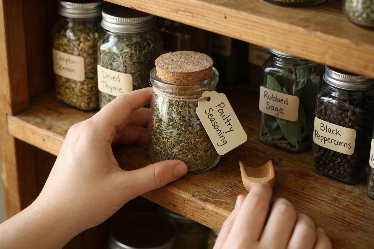 A sealed glass spice jar of poultry seasoning sitting on a pantry shelf next to other labeled spice jars