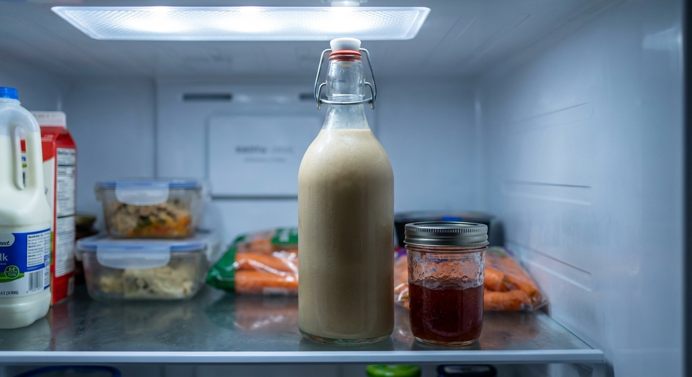A sealed glass swing-top bottle of Irish cream liqueur on a refrigerator shelf next to a small jar, cool interior fridge lighting, photorealistic