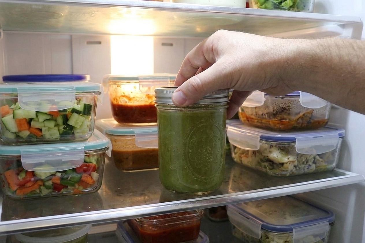 A sealed jar of cannabutter being placed on a refrigerator shelf with other neatly organized containers