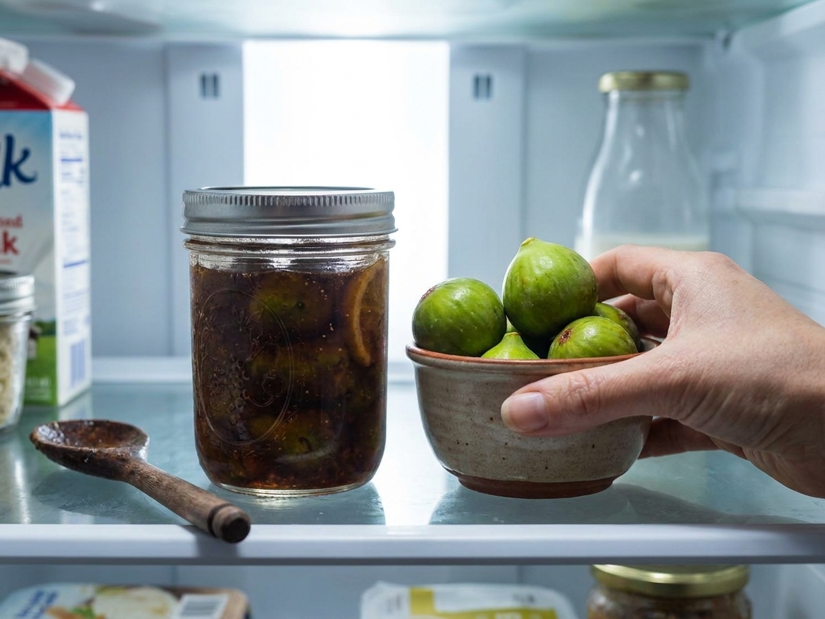 A sealed jar of fig preserves resting on a refrigerator shelf next to a small bowl of fresh figs