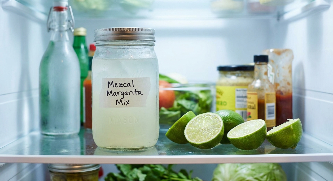 A sealed jar of mezcal margarita mix sitting on a refrigerator shelf next to halved limes