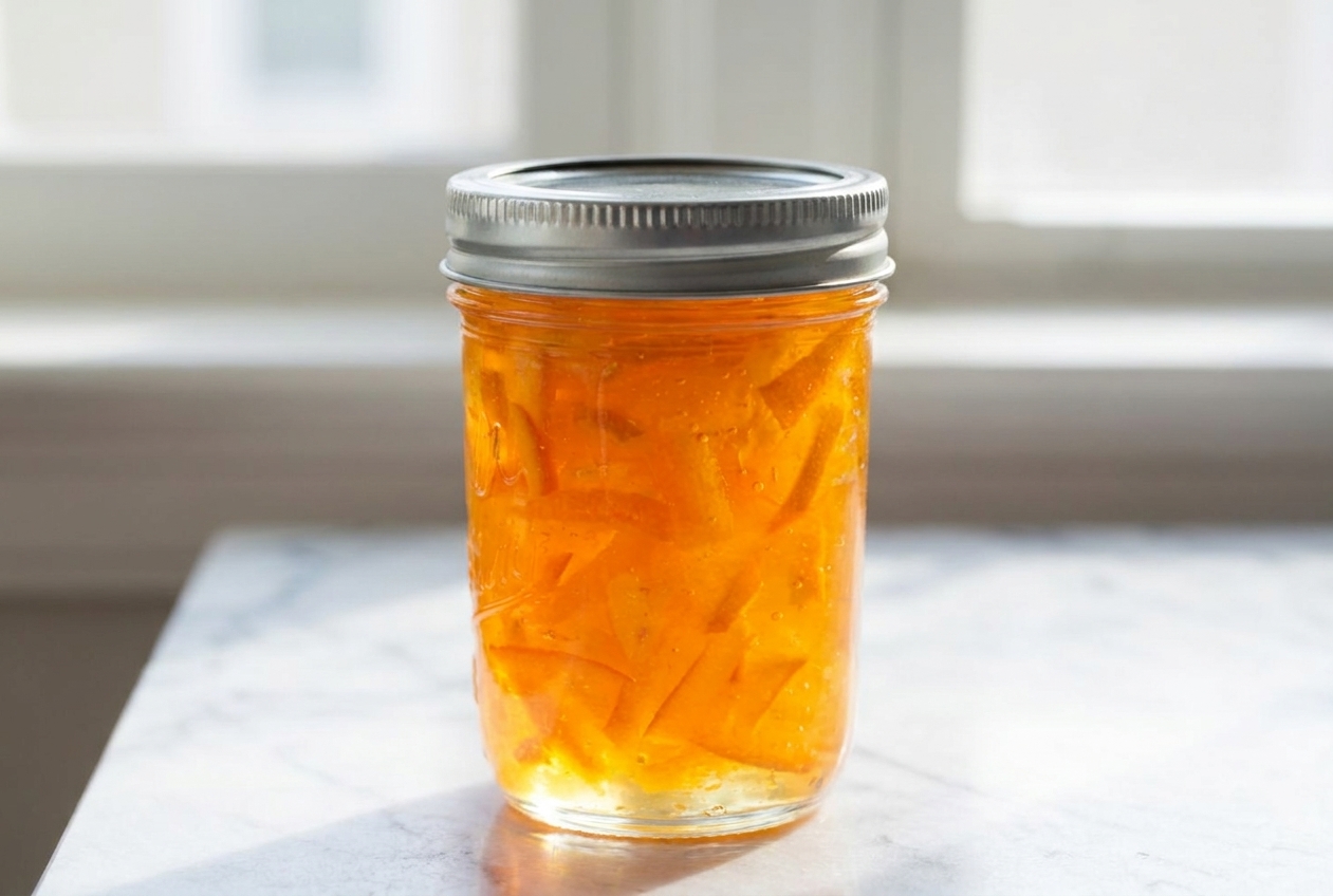 A sealed jar of orange marmalade with a lid, ready for storage