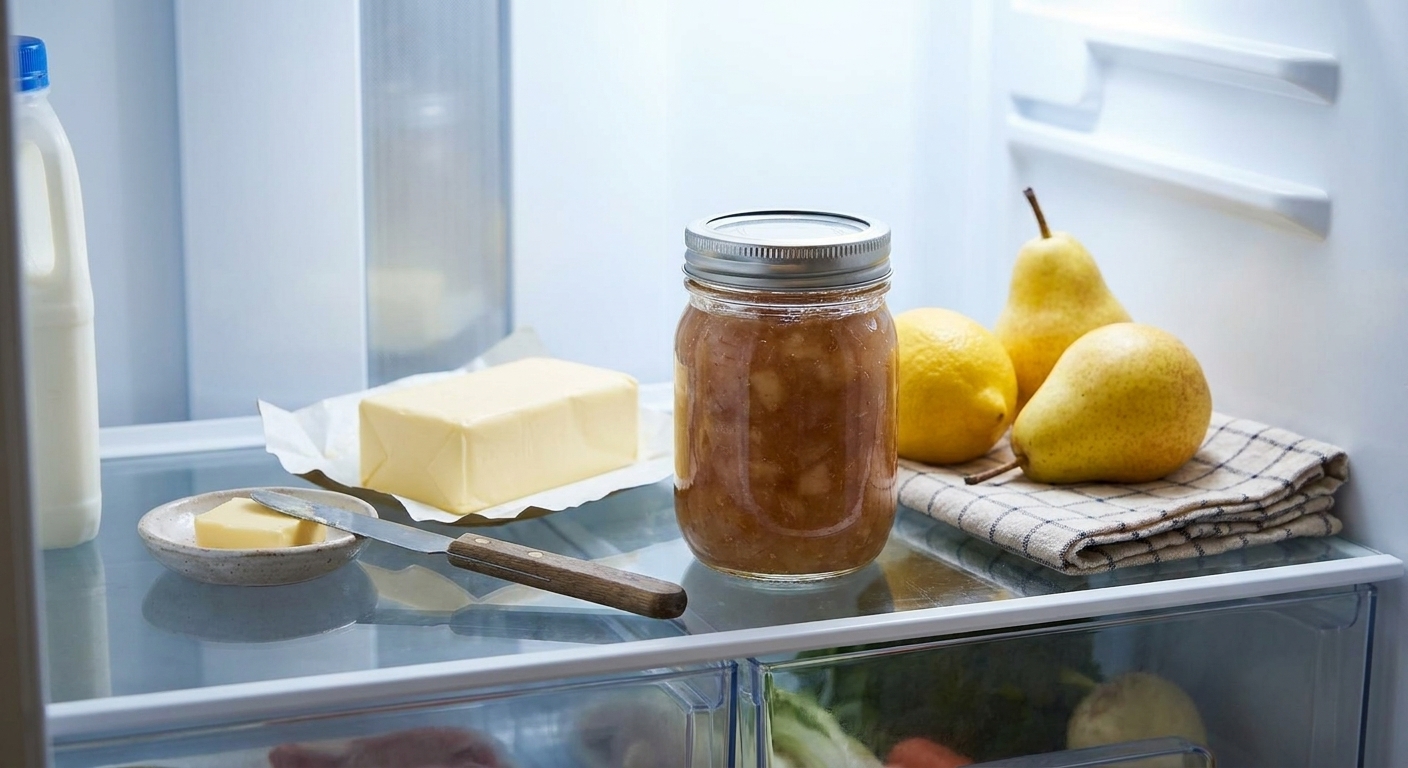 A sealed jar of pear jam sitting on a refrigerator shelf next to butter and fresh fruit, lit by the fridge light