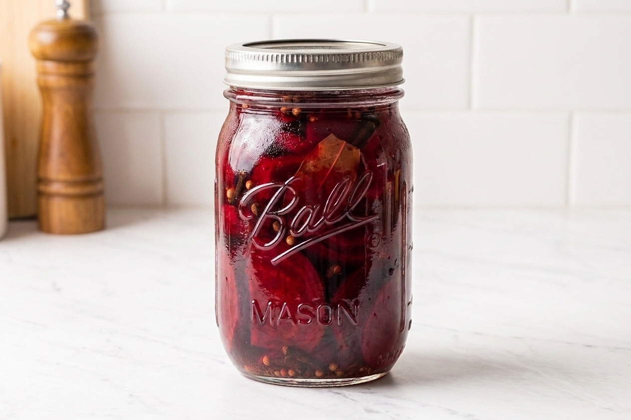 A sealed jar of pickled beets cooling on a kitchen counter with brine covering the beet slices