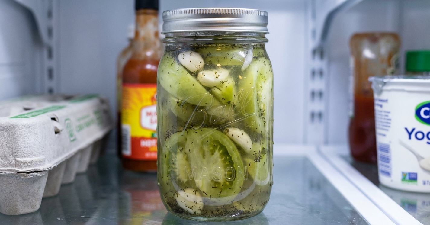 A sealed jar of pickled green tomatoes sitting on a refrigerator shelf with the brine covering the slices
