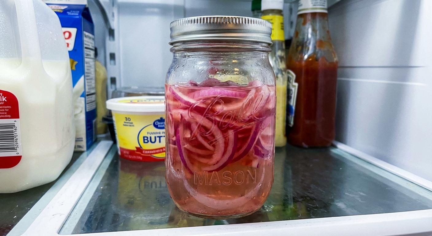 A sealed jar of pickled red onions sitting on a refrigerator shelf